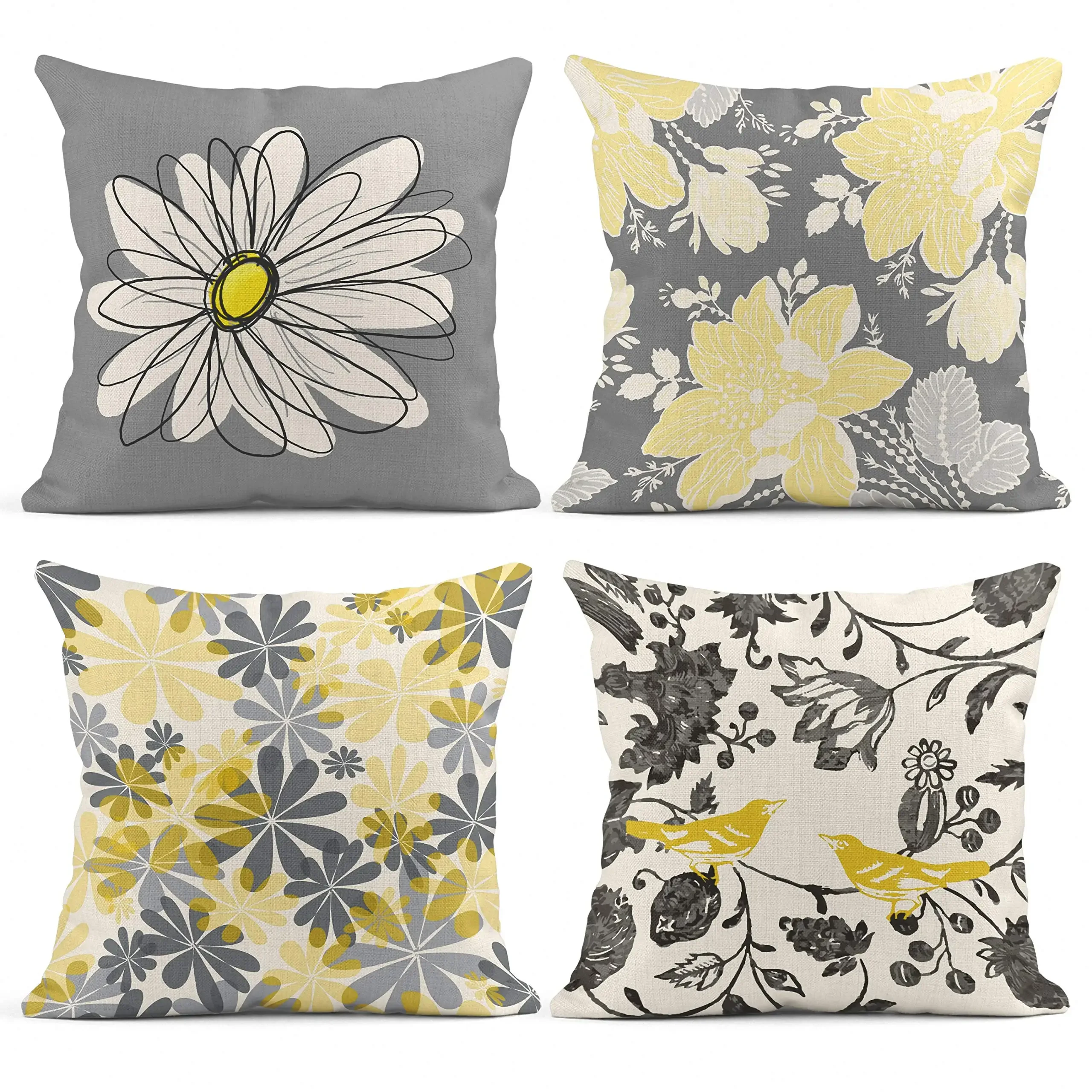 Gray white yellow chrysanthemum flower and bird linen pillowcase sofa cushion cover home decoration can be customized for you