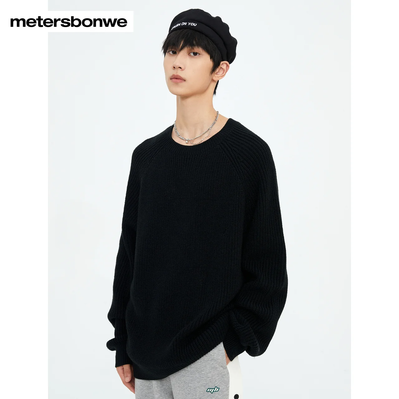 

Metersbonwe-Men Crewneck Long Sleeve Jumper Solid Color Loose Thick Sweater Japanese Korean Lazy Style Casual Winter