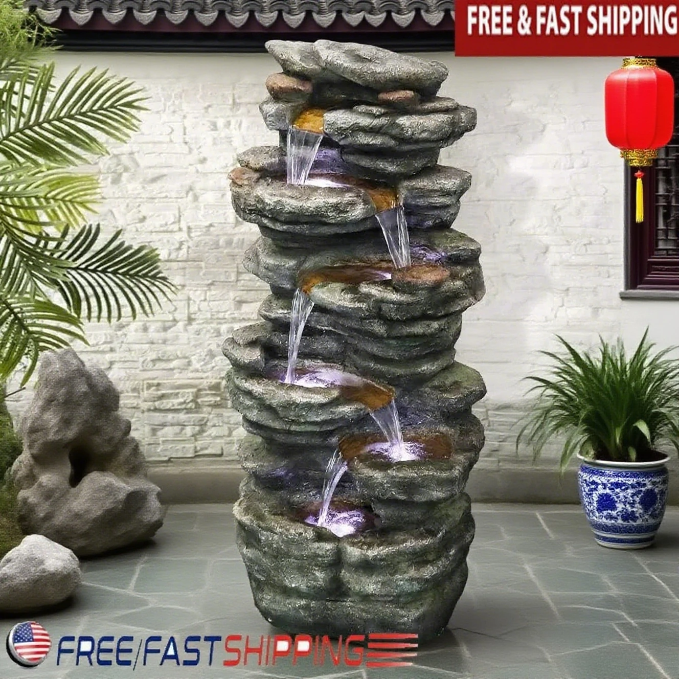 

Элегантный 6-уровневый фонтан-водопад — светодиодные фонари, легкий искусственный камень для сада, патио и домашнего офиса.