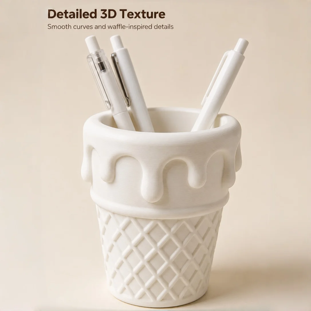Cute Melting Ice Cream Cone Pen Holder, White Waffle Texture Desktop Stationery Organizer, Ins-Style Desktop Storage Container, Suitable for Office, Dormitory, and Study Room