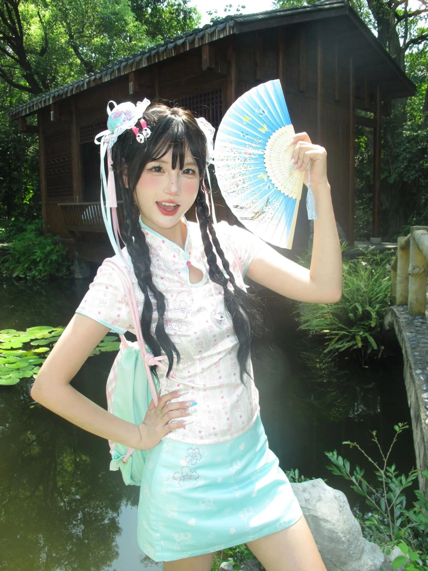 

Summer Beautiful Unique Pink Top Blue Skirt Set Women's Small Size Fashionable Traditional Chinese Style Breathable Polyester