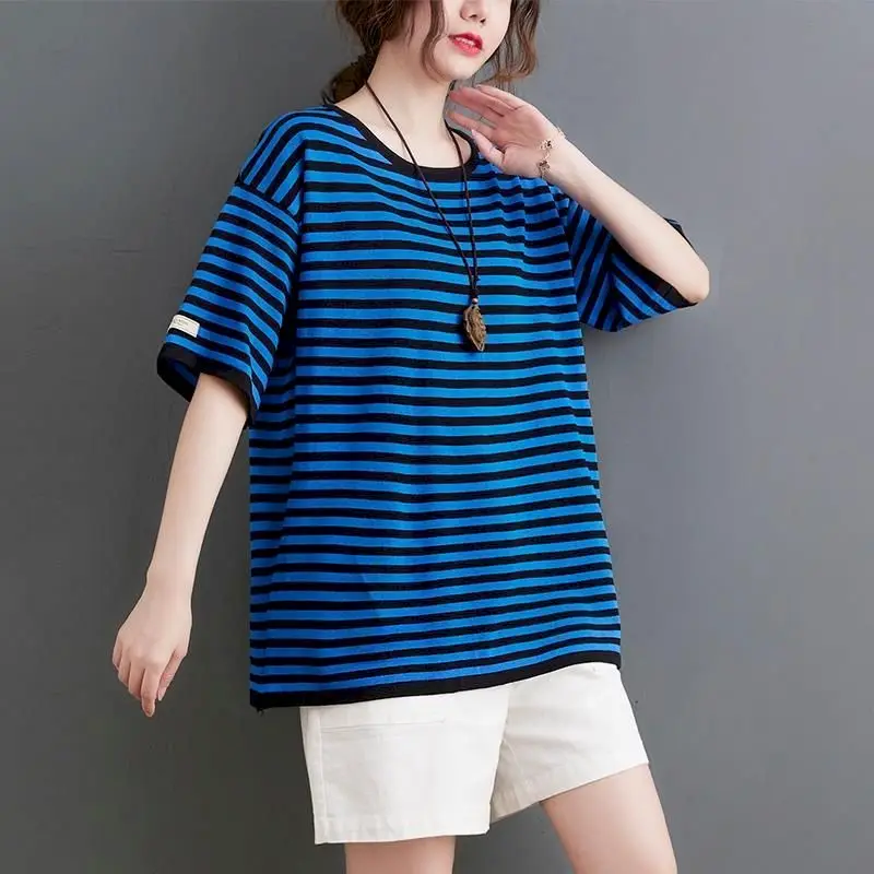 Cotton Stripe T-shirts Women Casual Loose Short Sleeve Slim Tops Summer Trend Thin Oversized T Shirt Korean Style Tshirt Y2k Top