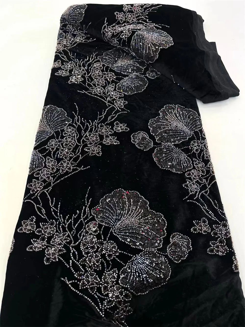 

African Velvet Lace High Quality 5 Yards 2025 In Black Hand Beaded Lace Fabric High Quality 2025 Luxury Party Dresses 5 A1188-1