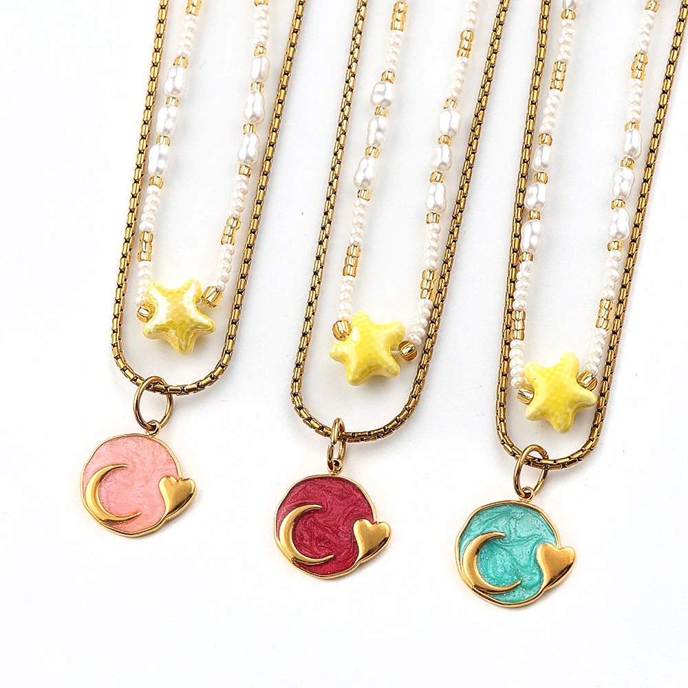 

Boho Double-layer Stainless Steel Enamel Moon Heart Starfish Pendant Choker Necklace For Women Summer Glass Beads Chain Jewelry