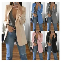 Blazer Women 2024 Autumn Coat Temperament Office Lady Tops Solid Color Full Sleeve Pockets Turn Down Collar Jacket Female