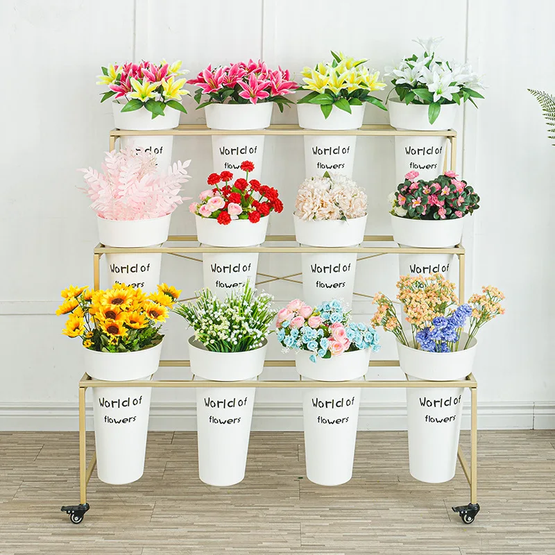 Large Movable Florist Multi-layer Shelf Shop Wrought Iron  Flower Shop Bucket Display