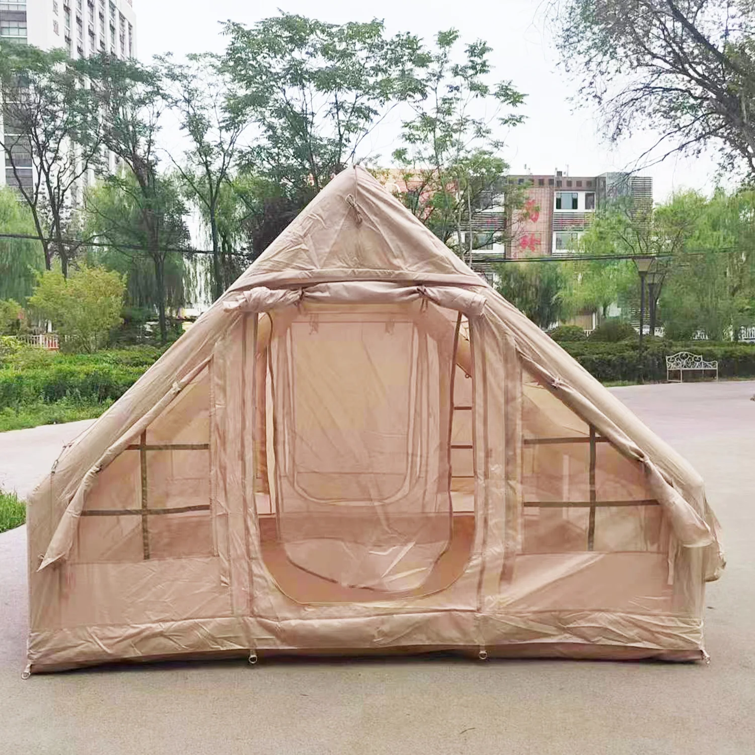 

6.3M2 Outdoor Inflatable Tent 2 Doors 1 Roof Window Blow up Glamping Tent Waterproof Tent with Stove Jack Exit