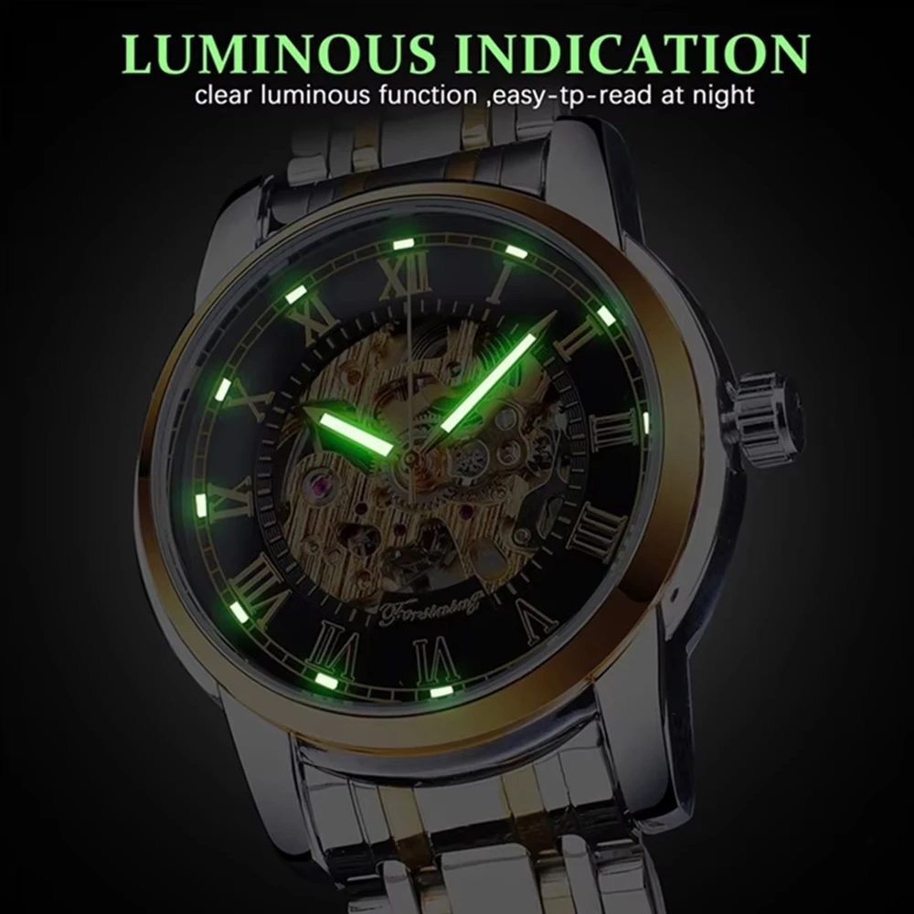 T-WINNER Fashion Casual Men's Luxury Watches Skeleton Automatic Mechanical Luminous Pointers Stainless Steel Sport Wristwatches