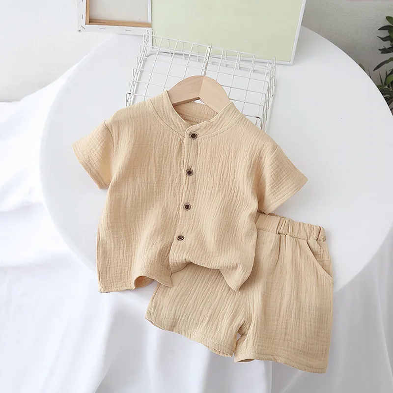DE PEACH New Summer Baby Boy Girl Suits Cotton Linen Short-sleeves TShirt+Shorts 2pcs Children Clothing Set Boys Girls Clothes