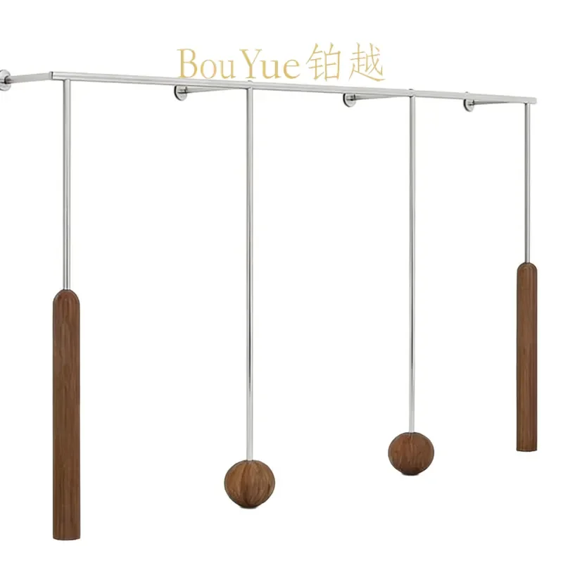 Brushed Silver Stainless Steel Wall Mounted Clothing Rack Walnut Wood Hanging Rod Retail Store Display Hanger Bar Fixture