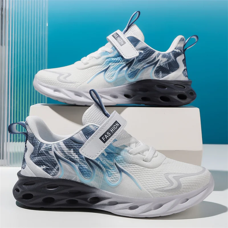 

Детские кроссовки с градиентным огненным узором, легкие модные спортивные кроссовки с сетчатой подошвой и амортизацией для мальчиков и девочек, повседневные кроссовки