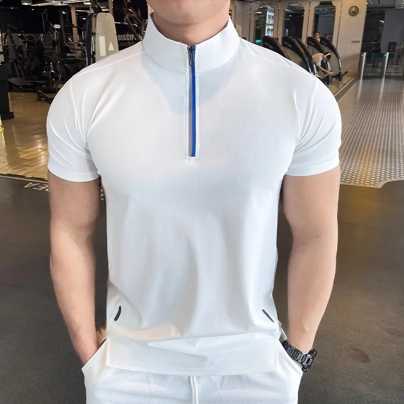 Summer Men Running Training Gym Fitness Top Quick-drying High-elasticity Sweat-wicking Stand-up Collar Short-sleeved T-shirt