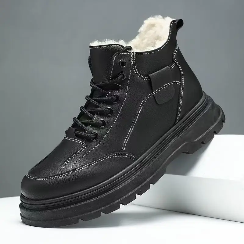 

Men Winter New Thicken High Top Cotton Boots Thick Sole Non Slip Waterproof Plush Keep Warm Round Toe Lace Up Ankle Snow Boots