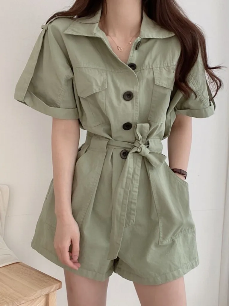 레트로 벨티드 하이웨이스트 슬리밍 유틸리티 점프수트 싱글 버튼 루즈 와이드 레그 오츠 워크웨어 슬레 여름 패셔너블