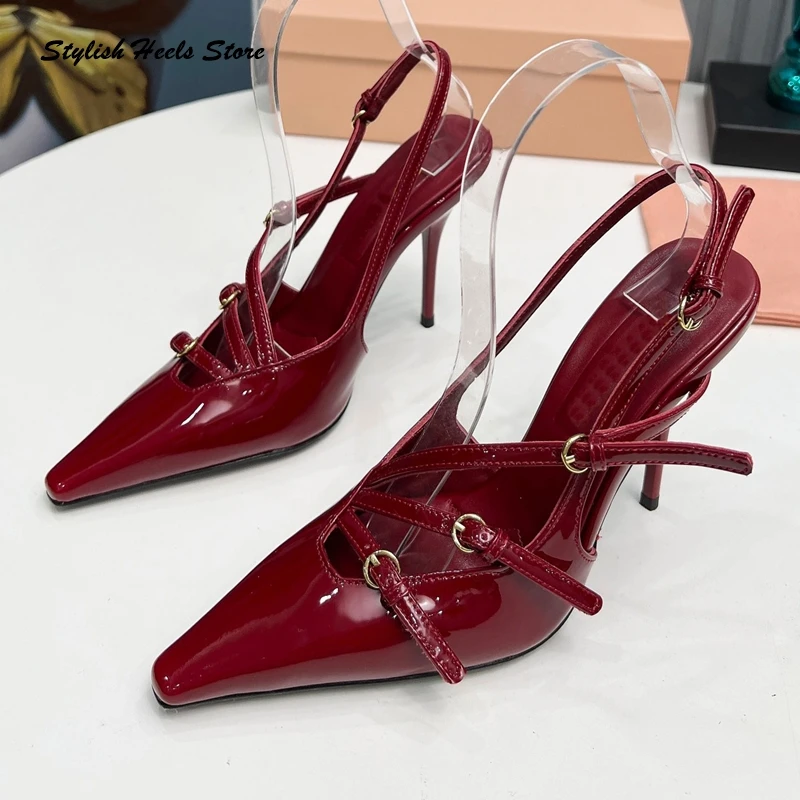 

Pointed Toe Buckle Strap Slingback Stilettos Women Patent Leather Thin Heels Luxury Shoes Summer Fashion Outfits Dress Sandals