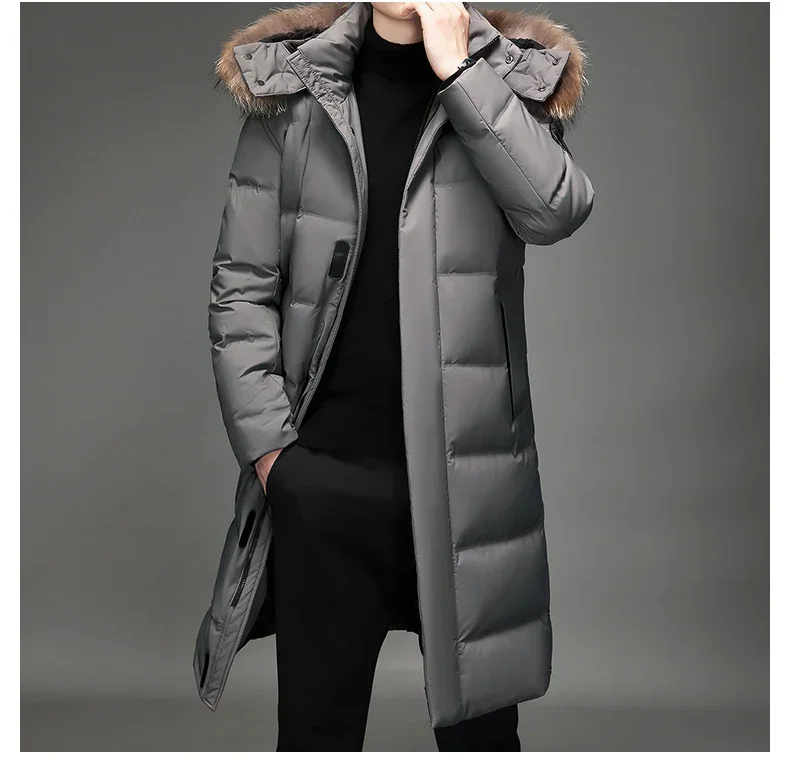 

Winter Long Down Jacket Men's Light Luxury Fur Collar Hooded Windproof White Duck Down Warm Coat Korean Thick Snow Puffer Jacket