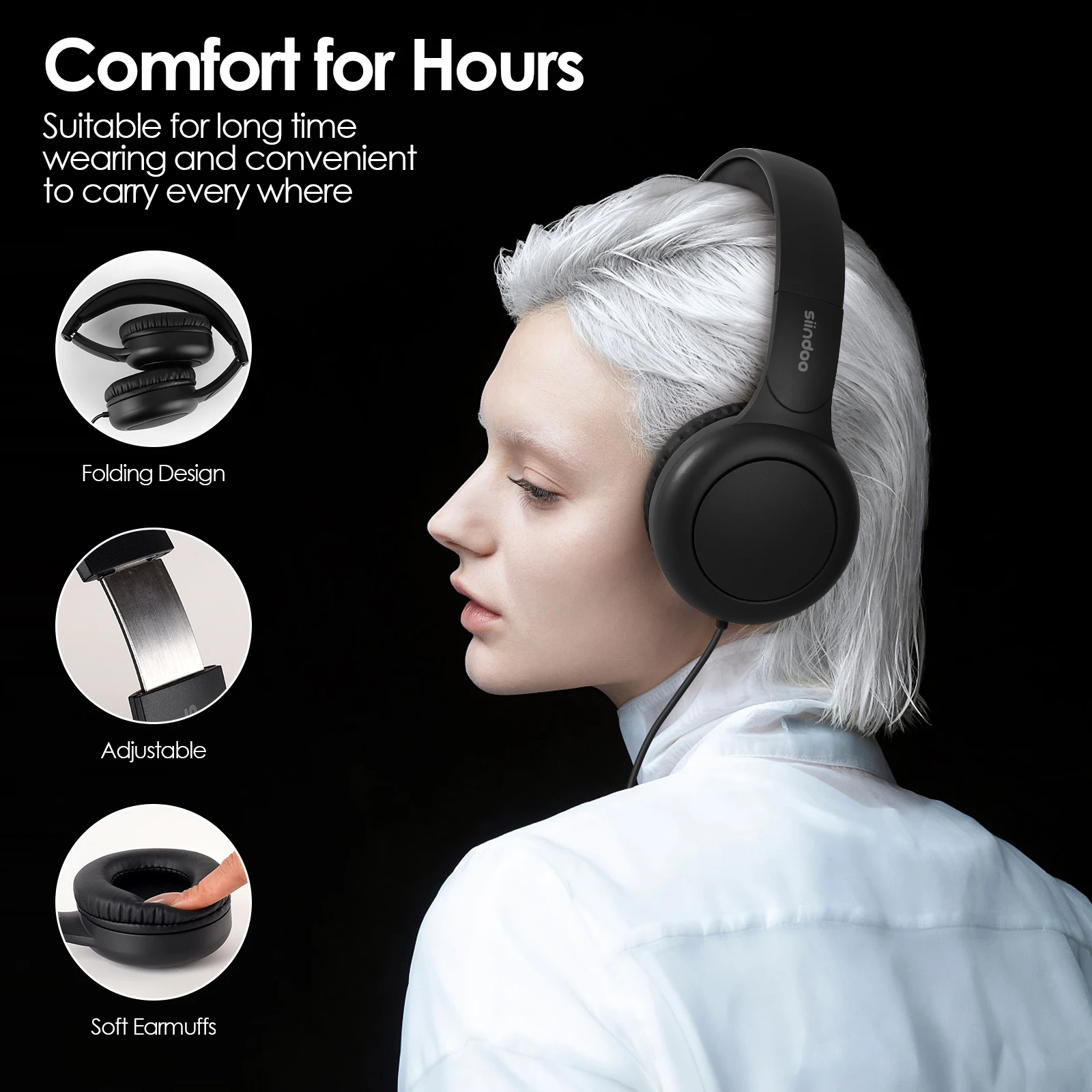Siindoo Wired Headphones with Microphone with 1.45m-Tangle-Free Nylon Line Type C Plug Foldable Portable Wired Headphone Black