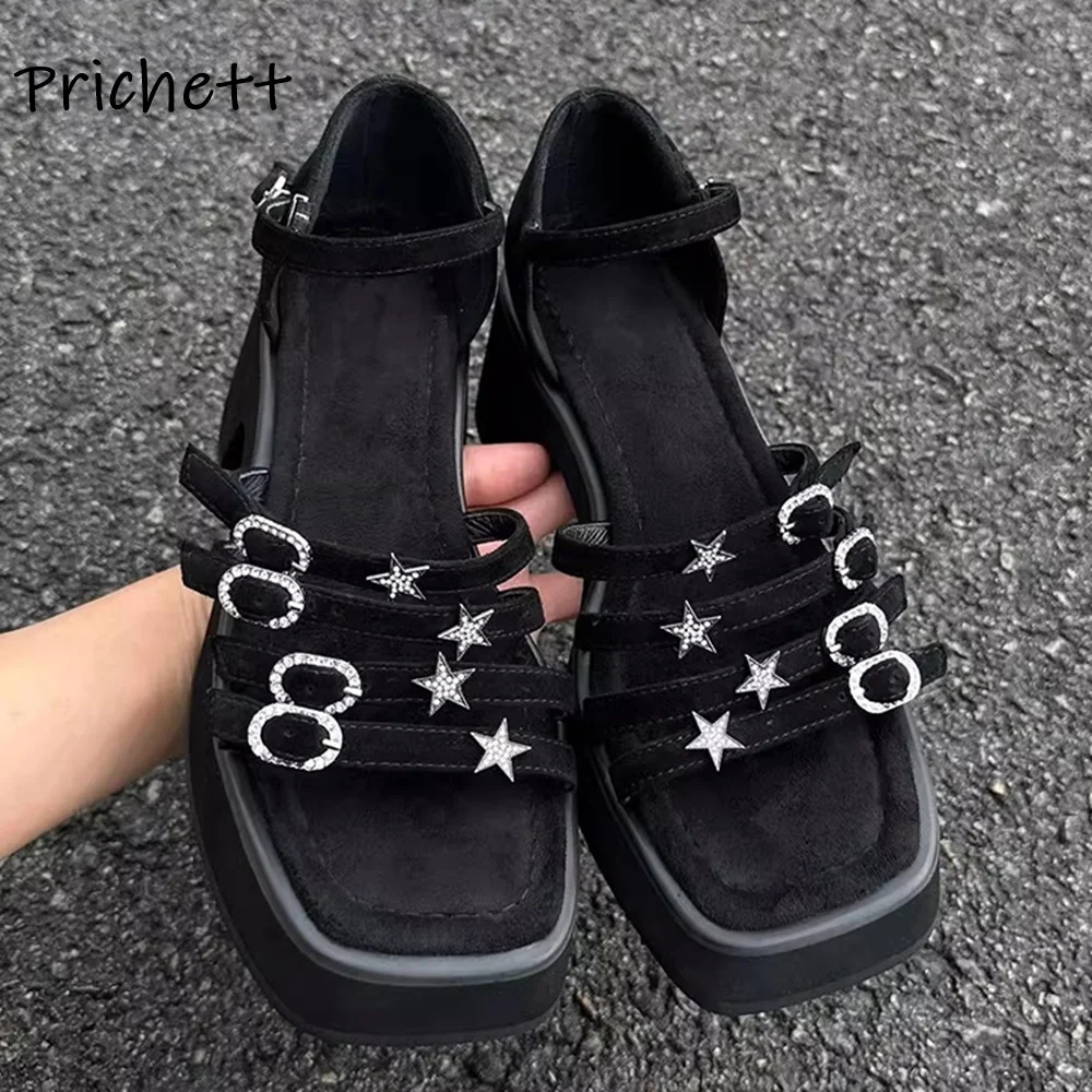 

Rhinestone Buckle Sandals Platform Five-Pointed Star Straight Strap Chunky Heels Square Toe Shoes Women's Summer Black Shoes
