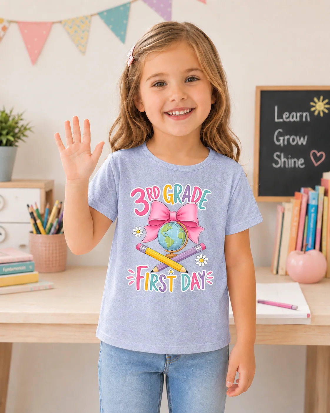 Girls 3rd Grade First Day T-Shirt Cute Bow Globe Pencil Print Kids Short Sleeve Tee Back To School Outfit Children Casual Graphi