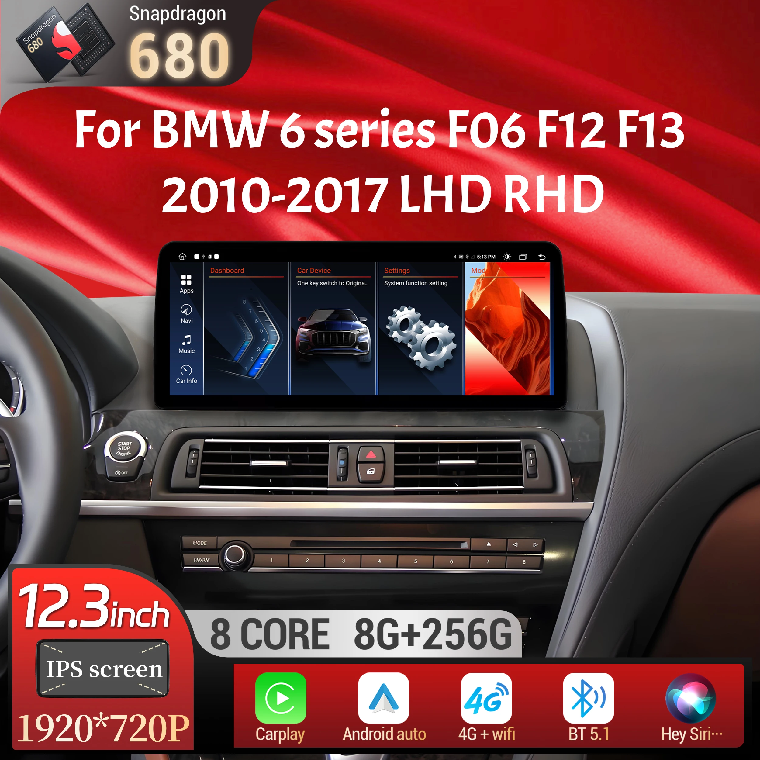 

12.3 inch Android 14 For BMW 6 series F06 F12 F13 2010-2017 Car Radio Wireless Bluetooth Carplay Head Unit Snapdragon 680 Screen