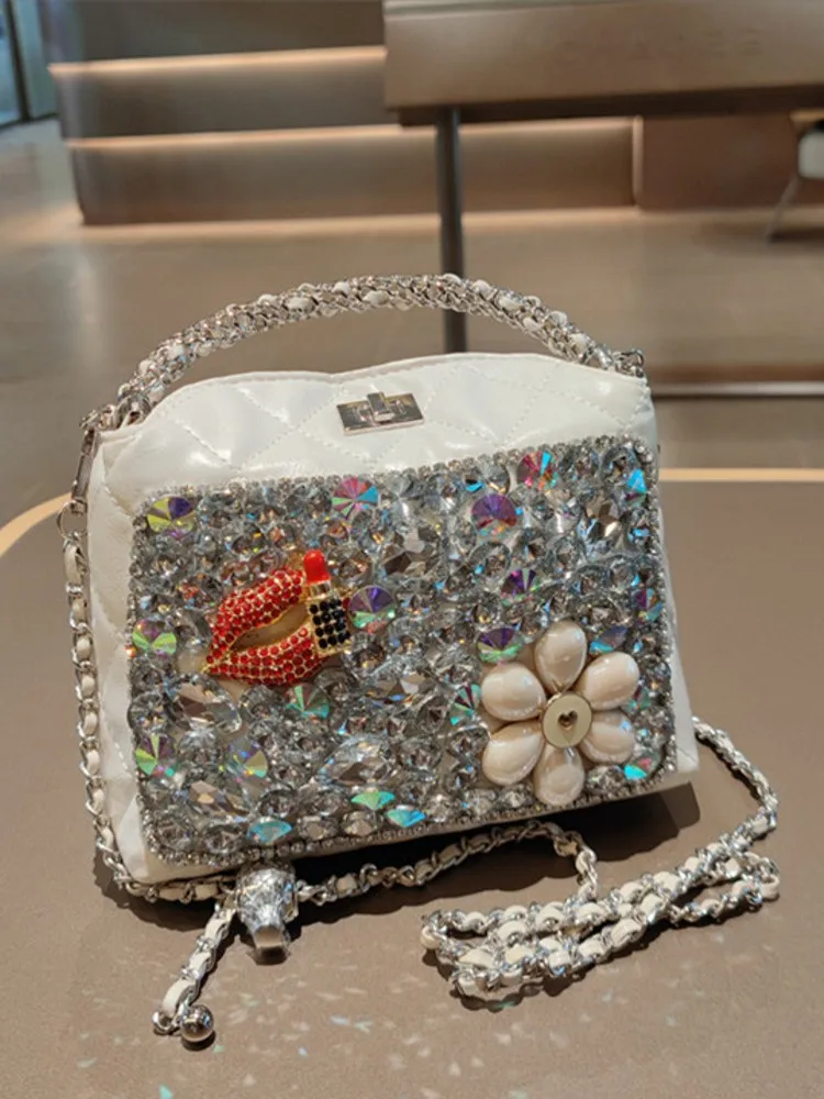 جديد إمرأة غلق بمشبك موضة الماس البقرة انقسام حقيبة يد جلدية السيدات سلسلة الماس شبكة مربع صغير الكتف Crossbody حقيبة تحت الإبط #2