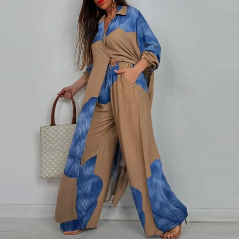 Women's Two-piece Set Shirts 2025 Spring New Fashion Casual Color Block Loose Shirt Top Trousers 2-piece Set Women Streetwear