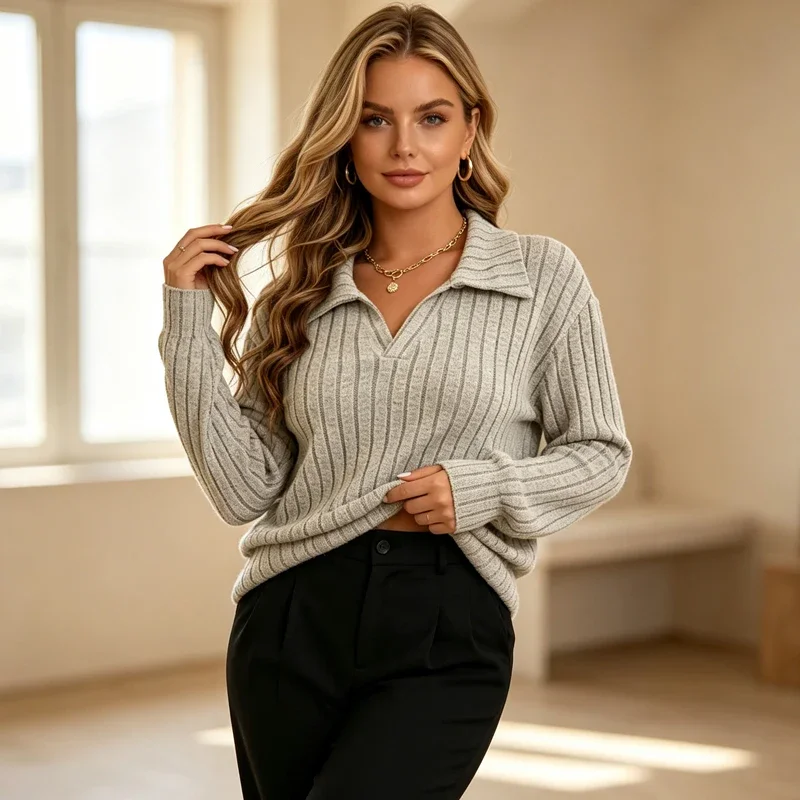 Classic Ribbed Knit Pullover Polo Collar Long Sleeve Casual Loose Sweater Top Autumn Winter Solid Color Basic Fashion Shirt