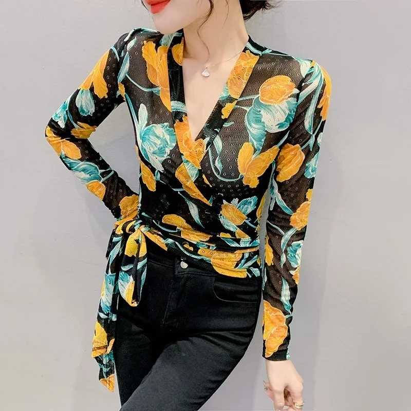 #4224 Spring Wrap T Shirt Women Print Floral V-Neck Long Sleeves T Shirt Women Vintage Tight Mesh T-shirt Lace Up Red Yellow