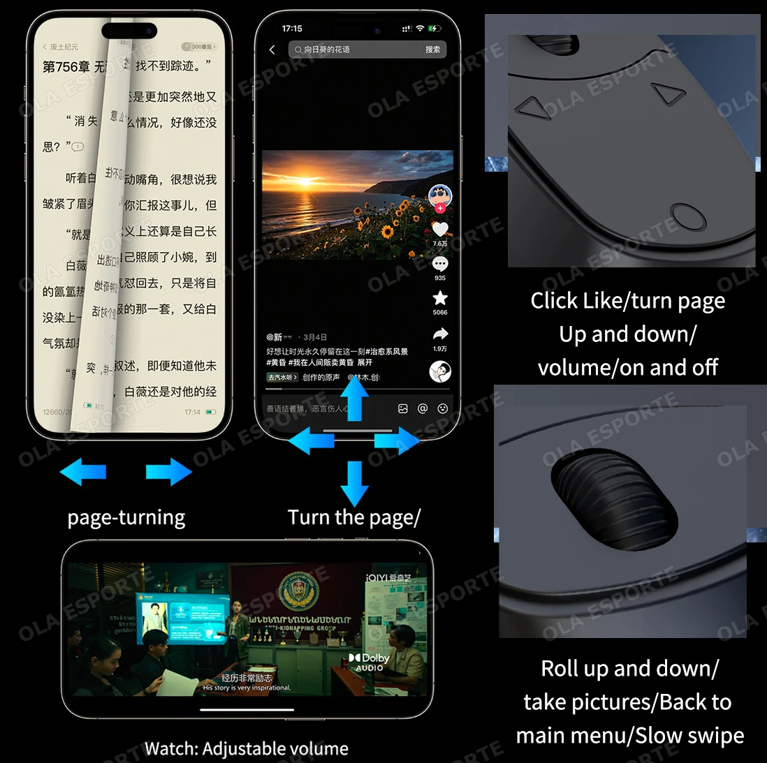 Mini Wireless Bluetooth Page Turner, Fingertip Ring Remote Control for iPhone IOS Android iPad Kindle,USB Rechargeable Scrolling
