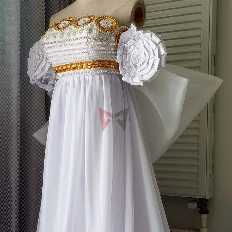 New Princess Cosplay Costume White Silver Golden Moon Dress Wings Bow Sleeves Set Custom Made For Christmas Halloween Game Party