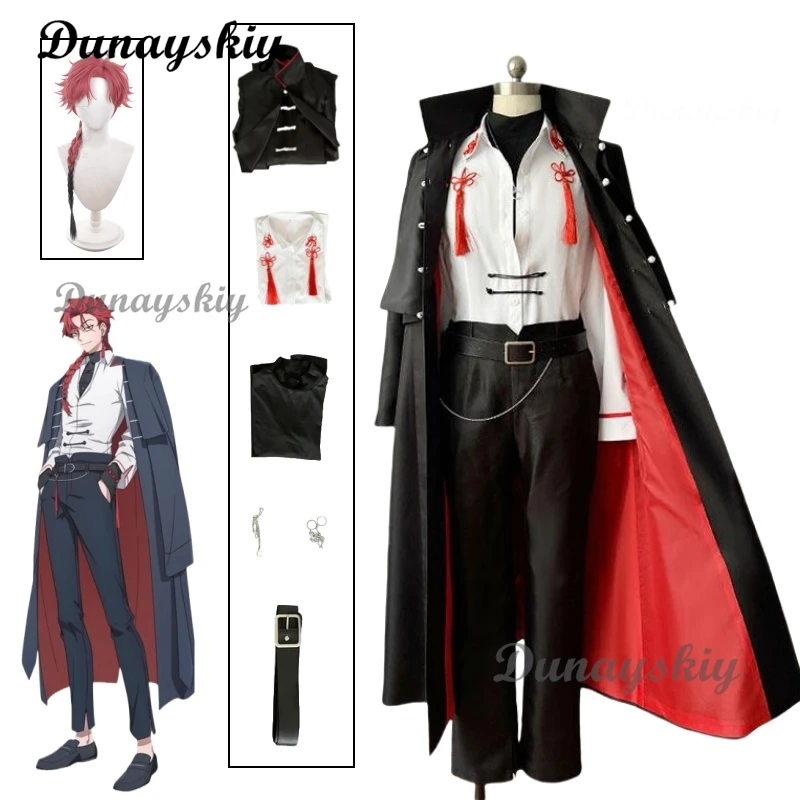 

Anime Link Click Vein Cosplay Costume Wig Red Black Suit Top Pant Gradient Braid Hair Glasses Halloween Party Customized