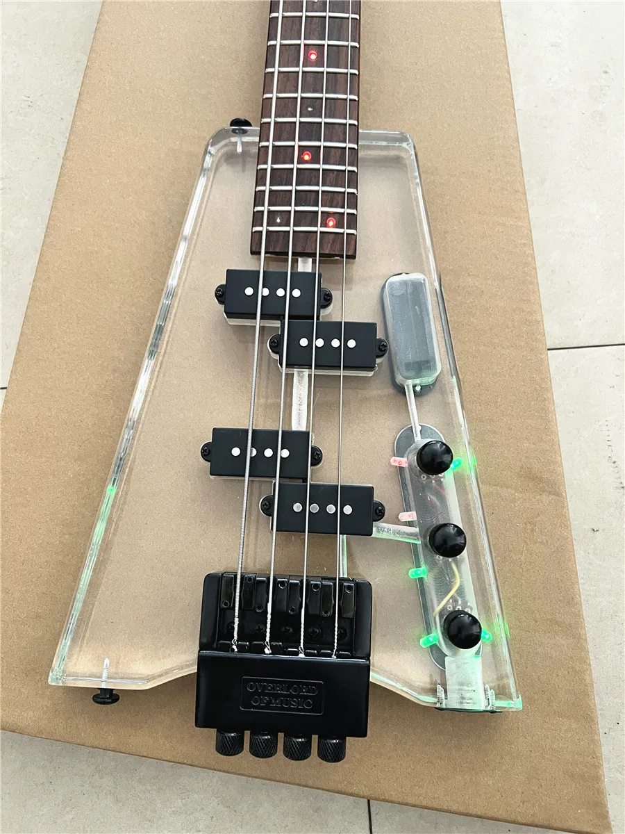 High-quality acrylic crystal clear Plexiglass 4-string electric bass color LED lights flashing free shipping