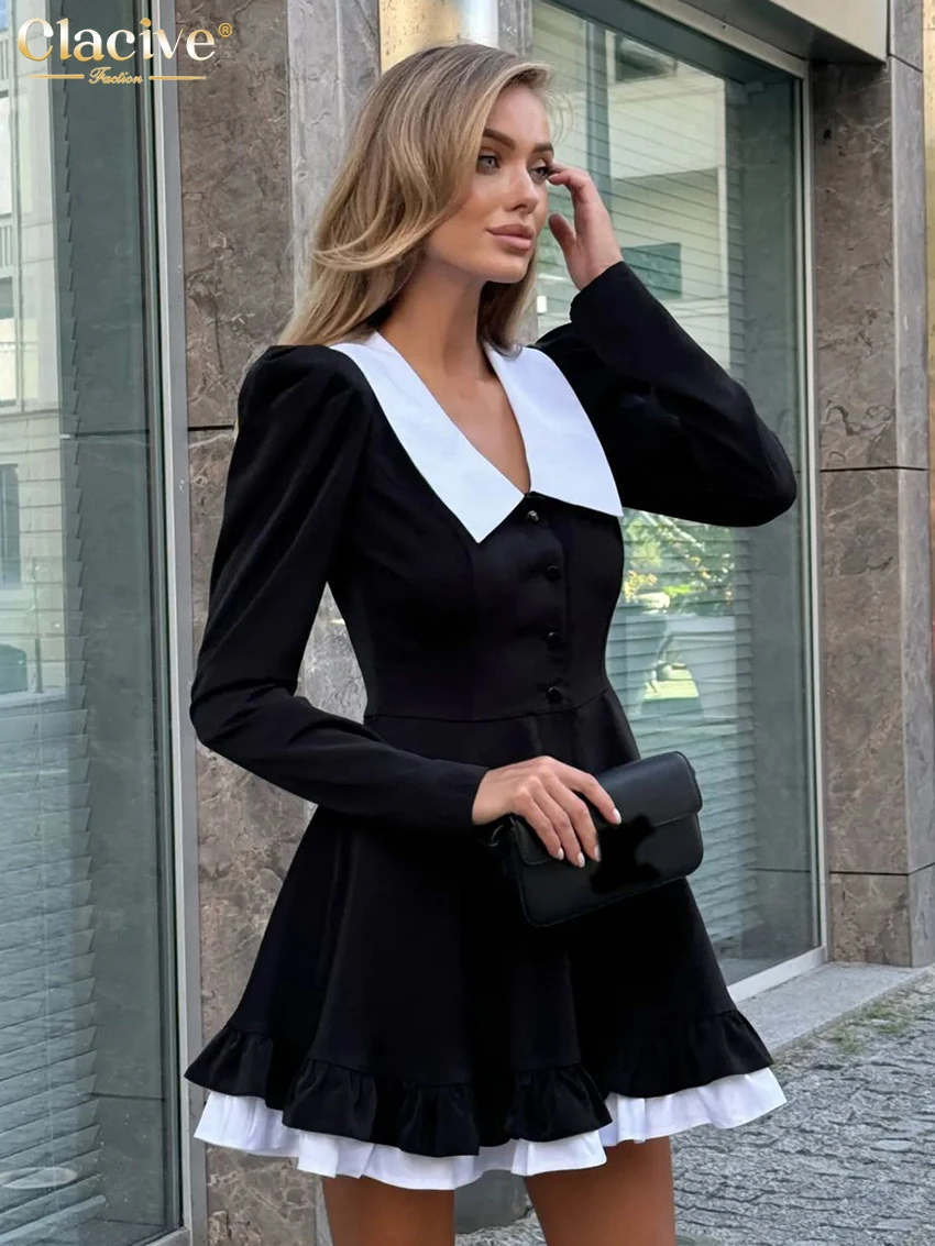 Clacive Fashion Loose Black Patchwork Women\'s Dress Fashion Lapel Long Sleeve Office Mini Dresses Elegant Classic Female Dress