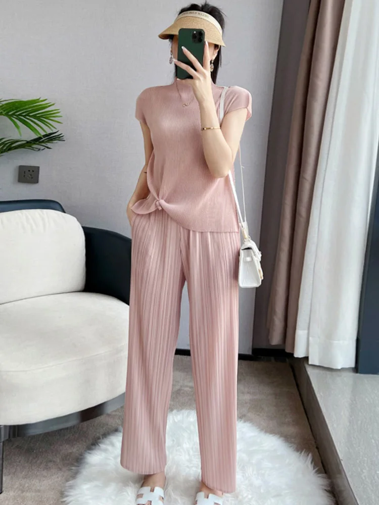 Pleated 2022 Summer New Two-piece Sets Loose O Neck Sleeveless T-shirt + High Waist Wide Leg Pants Fashion Trend