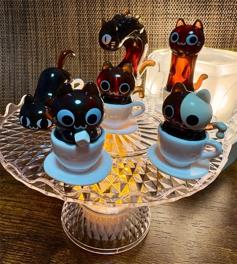 Caja ciega con estilo de café y gato, postura divertida transparente, modelo de figuras de acción, colección de juguetes, decoración de escritorio, regalos sorpresa