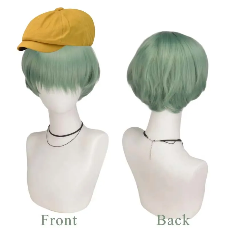 วิกผมคอสเพลย์สีเขียวสำหรับเด็กผู้ชายในอนิเมะ พร้อมหมวกสีเหลือง สำหรับฮาโลวีน คริสต์มาส การ์ตูน วิกผมสังเคราะห์ทนความร้อน