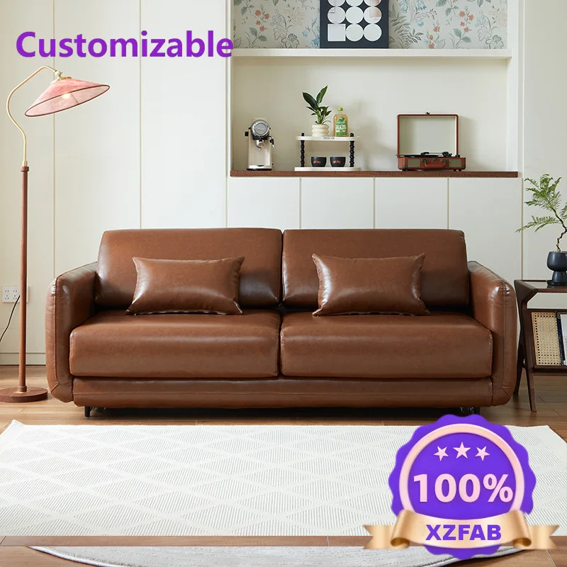 Factory Direct 2026 Medieval ecological leather living room bedroom integrated folding dual-purpose straight-row sofa bed hotel