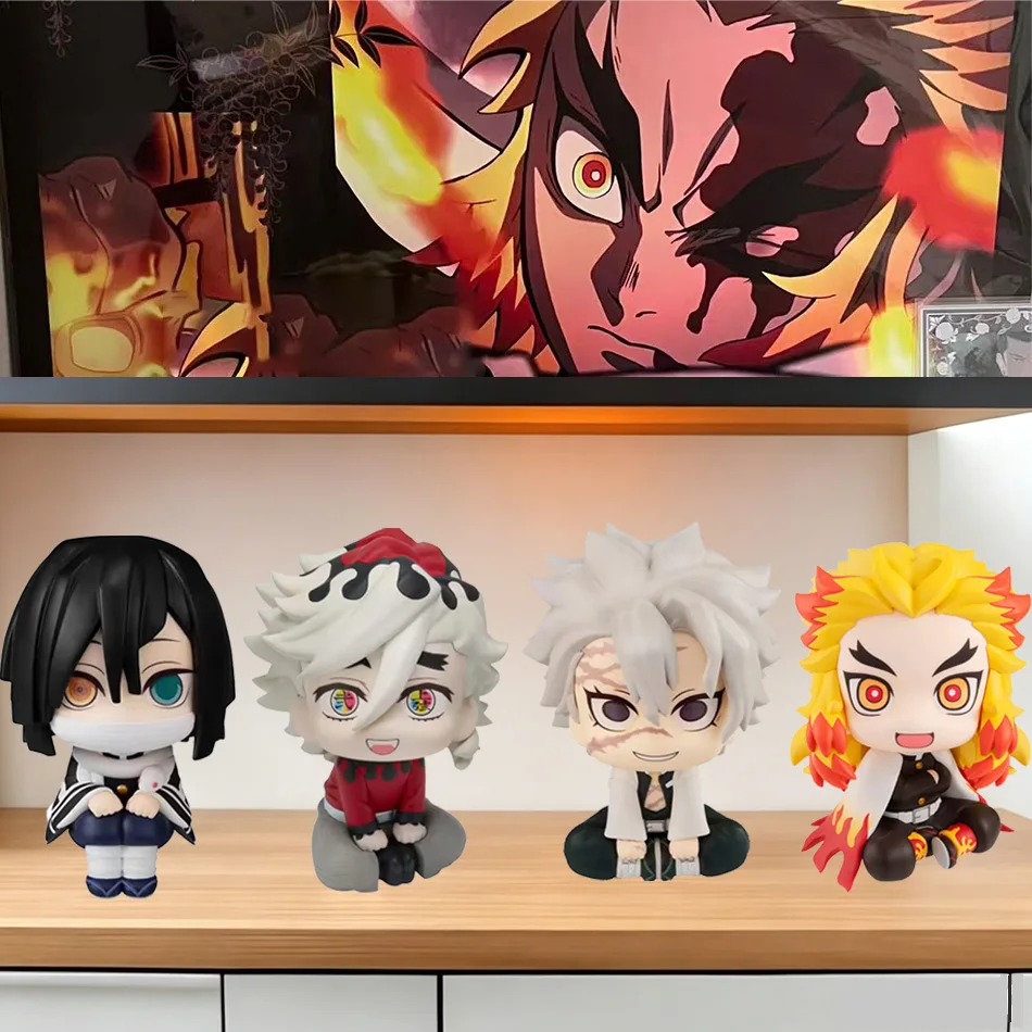 Juego de 4 figuras de Demon Slayer en versión Chibi – Rengoku Kyojuro, Iguro Obanai, Shinazugawa Sanemi, Douma, muñecos coleccionables de anime