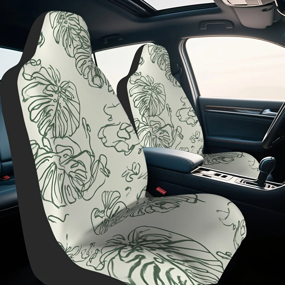 2pcs Monstera Leaf Line Art Car Seat Covers - Modern Minimalist Front Seat Covers With Green & Leaf Pattern, Fit For Drivers & P