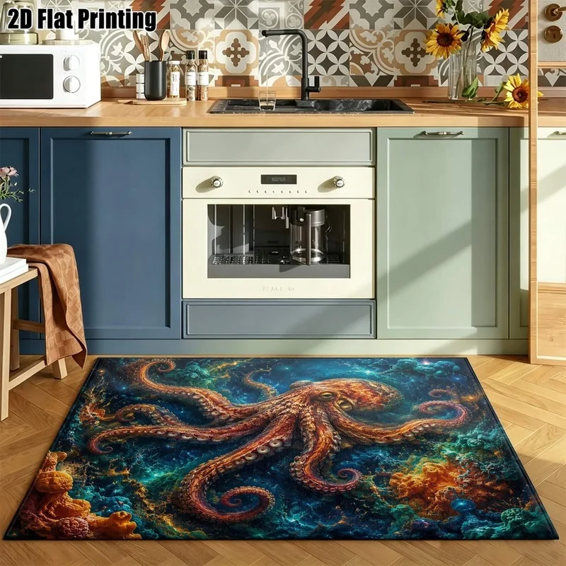 1Pc Retro Deep Sea Octopus Pattern Rug, Ocean Style Blue Decorative Rug for Living Room, Bedroom, Dining Room, Bedside, Indoor and Outdoor Patio, Home Decoration Accessories