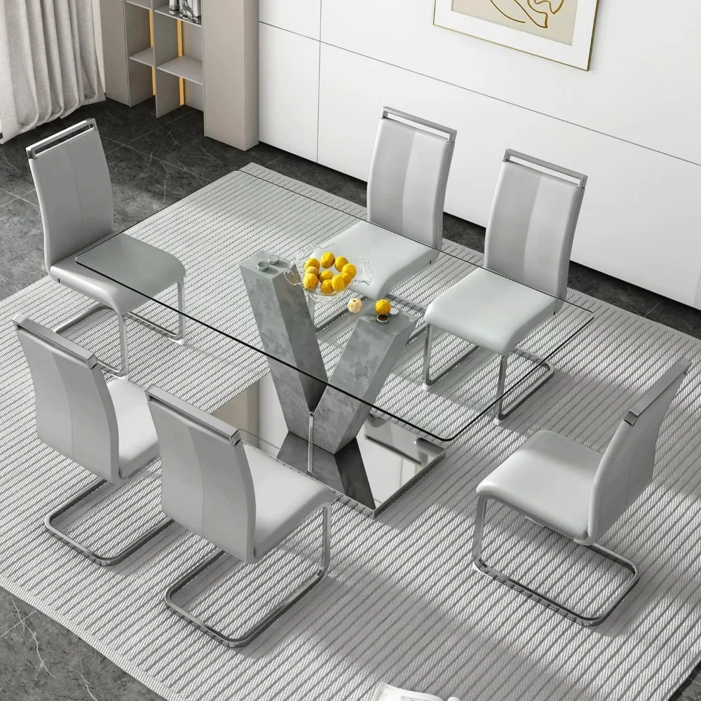 for Glass Dining Room Table Set,with 6 PU Leather Dining Chairs.with Natural Marble Textured Pillars,Kitchen Table And Chairs