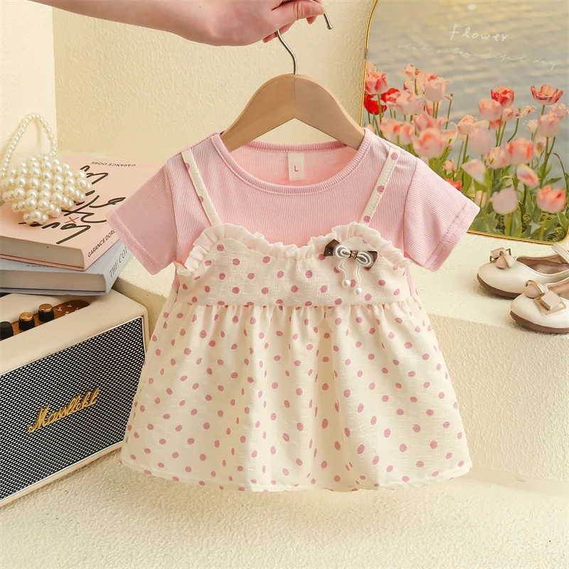 Summer New Sweet And Cute Polka Dot Baby Girl Short Sleeved Dress, Comfortable And Soft Children'S Clothing (6-24 Months)