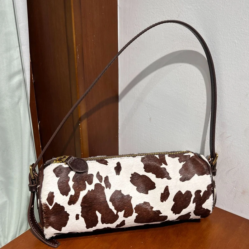 

Real Horse Hair Cylindrical Bags For Women Luxury Designer Handbag And Purse 2026 New In Cowhide Leopard Print Underarm Shoulder
