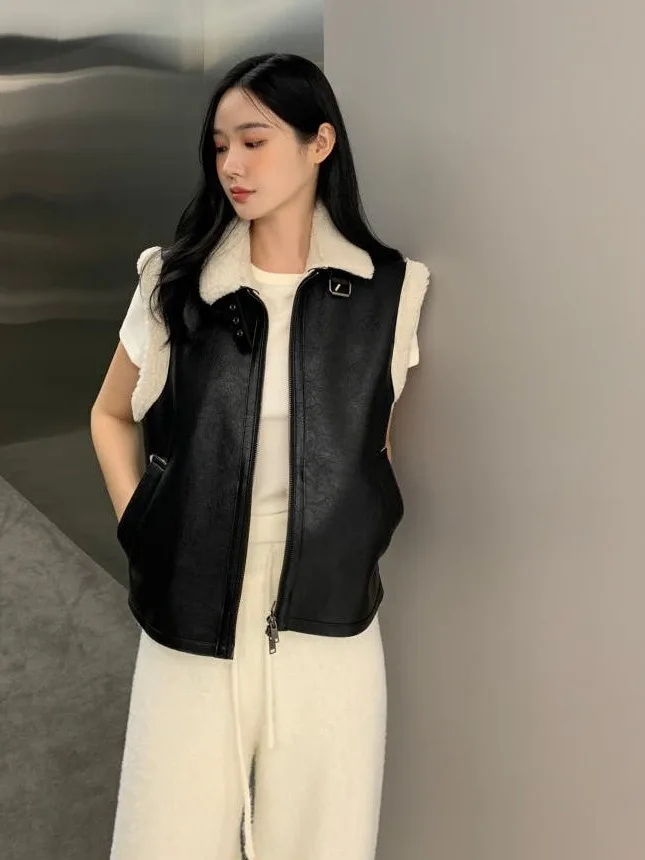 

Зимний винтажный цельный жилет из кожи и меха с лацканами, женский шикарный свободный универсальный модный топ