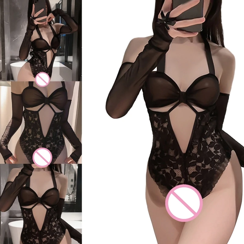 

Women Pieced Lingerie Sexy Open Crotch Halter Lace Babydoll Mesh Bodysuit Sleepwear Mini Teddies Bodysuit Sleepwear