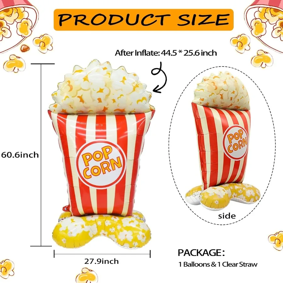 Palloncino gigante per popcorn da 60 pollici Palloncino autoadesivo per popcorn di carnevale per la decorazione della festa notturna di film di compleanno