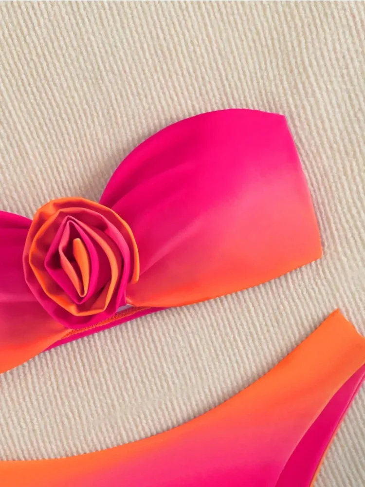 Set bikini sexy sfumato arancione donna fascia floreale 3D push up micro perizoma costume da bagno da spiaggia costumi da bagno estate 2025 moda