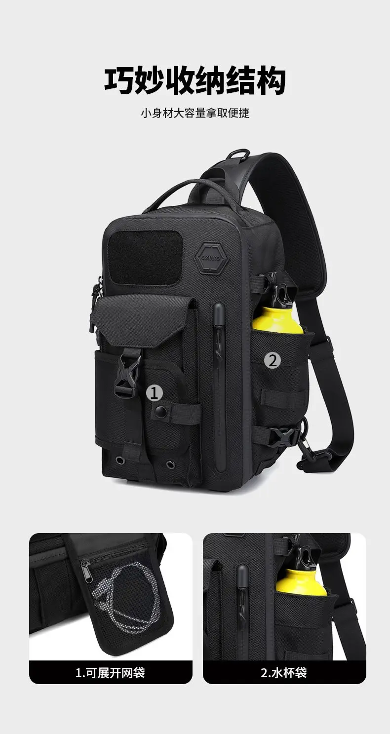OZUKO Umhängetasche für Herren, Brusttasche, wasserdicht, taktische Taille, Umhängetasche, Reißverschluss, modisch, Outdoor-Sport, großes Fassungsvermögen, Schwarz – Detail 7