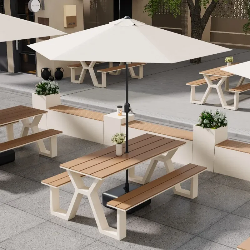 for Garden Outdoor Plastic Wood Table and Chair Set with Umbrella for Park Square Leisure Milk Tea Shop Integrated Furniture