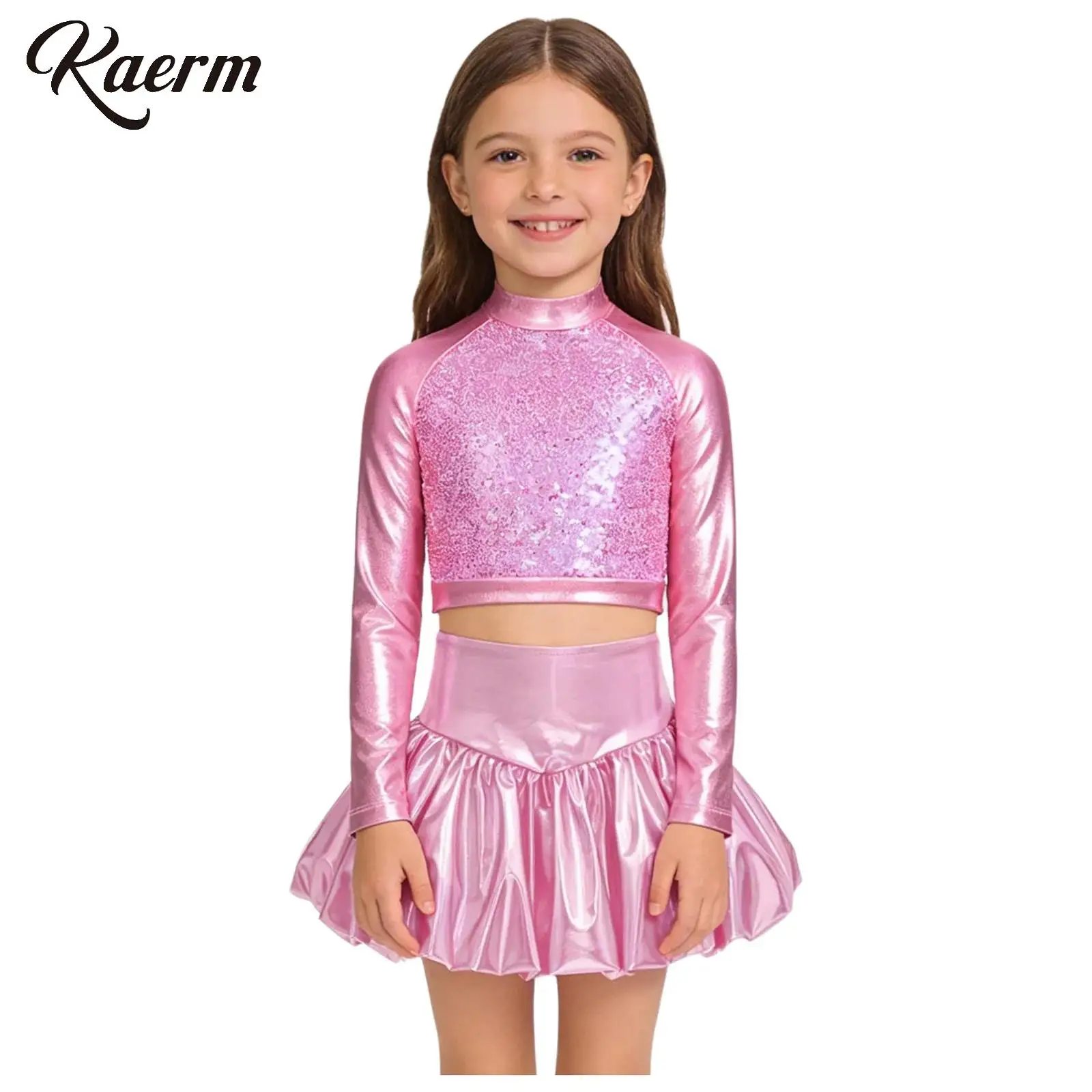

Girls Sequin Jazz Dance Outfit 70s Disco Costume Long Sleeve Sequins Crop Top with Metallic Bubble Skirt Cheerleading Dancwear